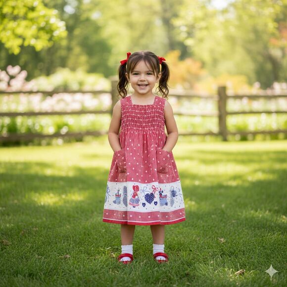 VTG Girls Handmade Smocked Apron Dress 4T Red Goose Ribbons Bows Pinafore - Picture 1 of 8